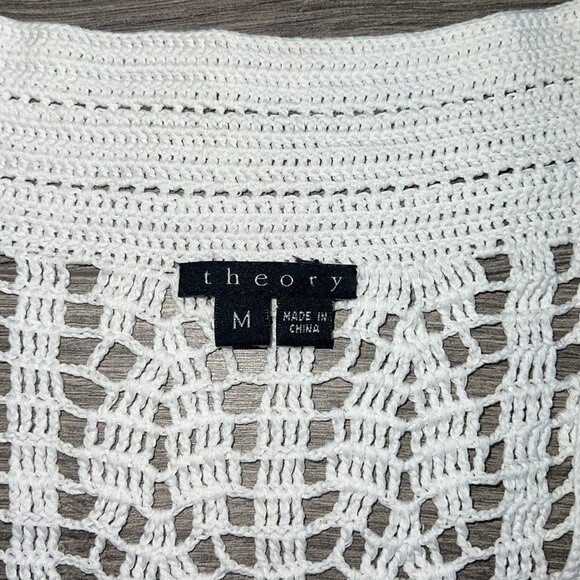 THEORY Crochet Open Knit Top Medium Unlined White Coastal Resortwear Bohemian - Picture 3 of 10